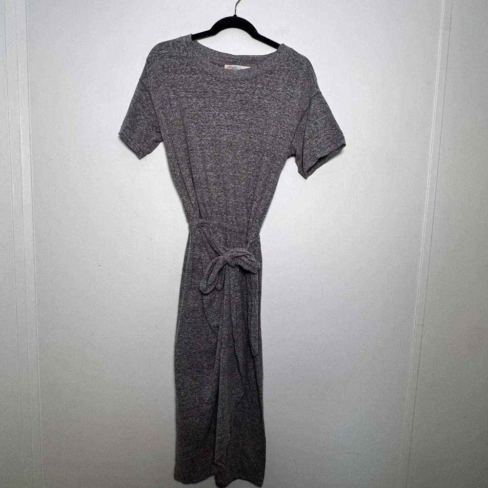Free People FP Beach Midi Dress Womens XS Grey‎ Tie Waist Short Sleeve Heathered
